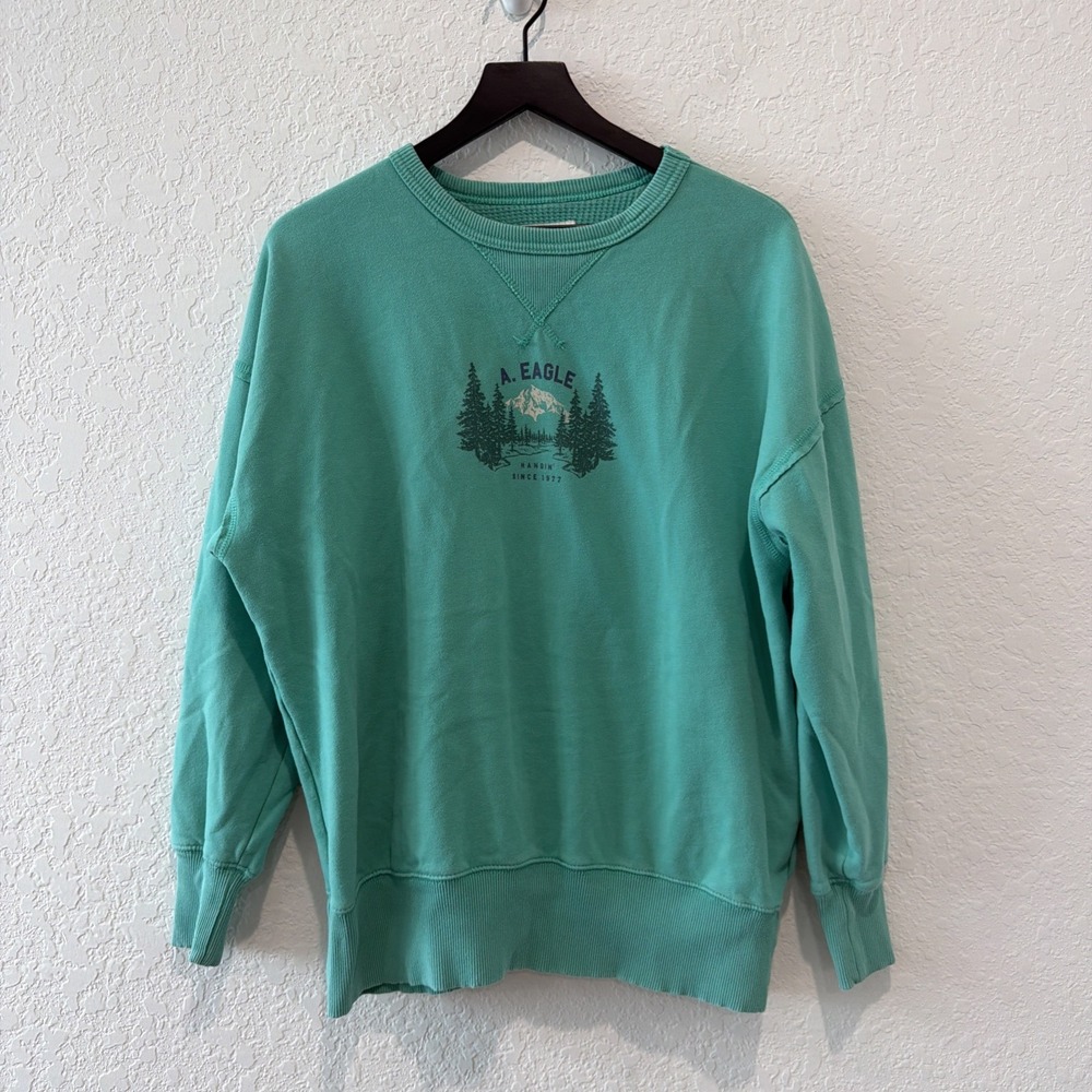 American Eagle Green Exposed Seams Crewneck Pullover Oversized Sweatshirt XS